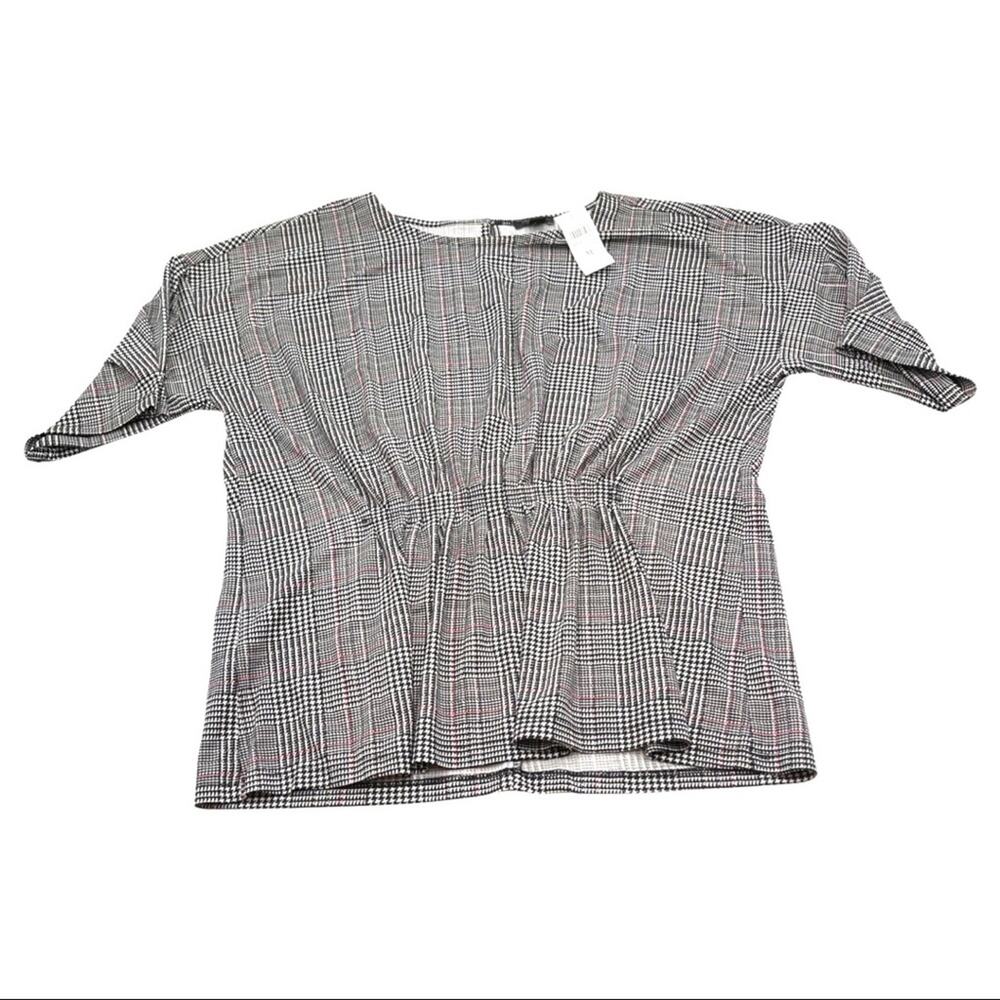 NEW - ANN TAYLOR FACTORY Glen Plaid black white red short sleeves top sz MEDIUM